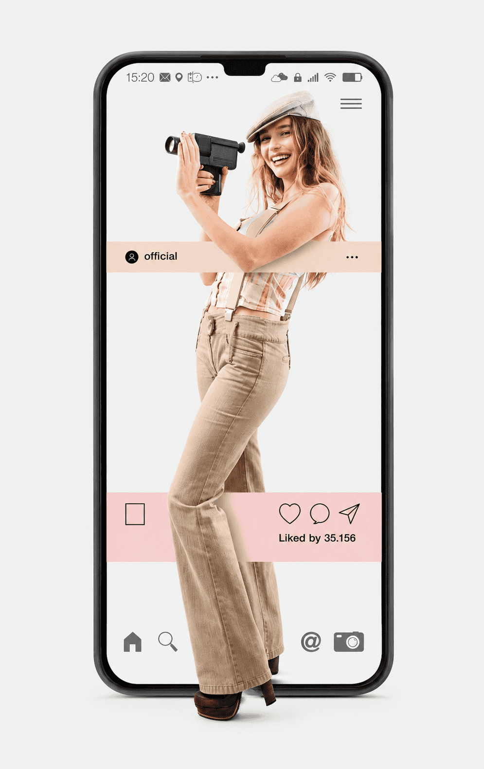 Woman holding a camera in front of her face, with a white background